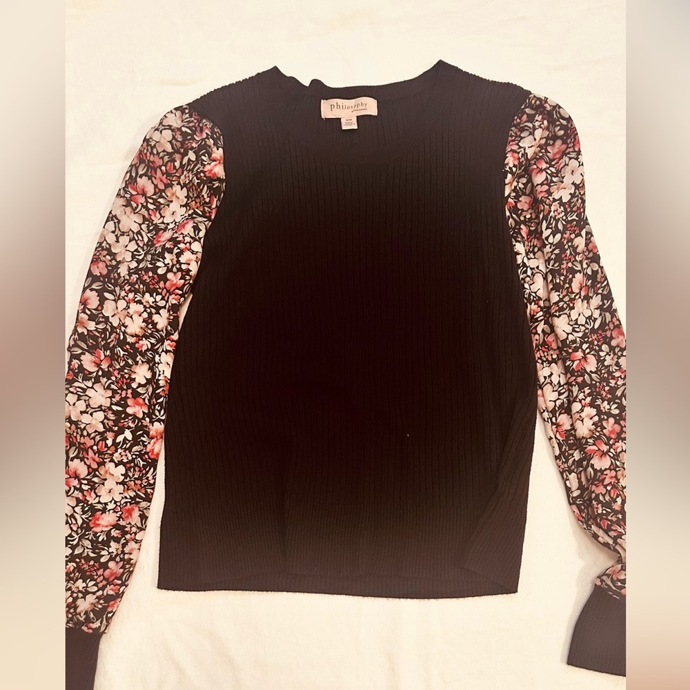Black cable sweater with chiffon floral sleeves